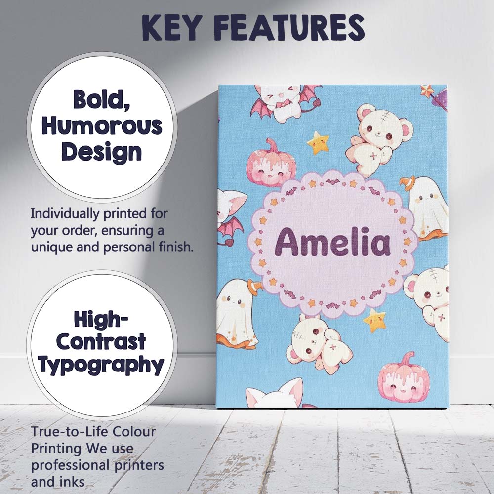 Personalised Name Kawaii Halloween Bunny Custom Unique Gift Idea Elegant Feature Canvas Wall Art Print Decor Picture Ready to Hang