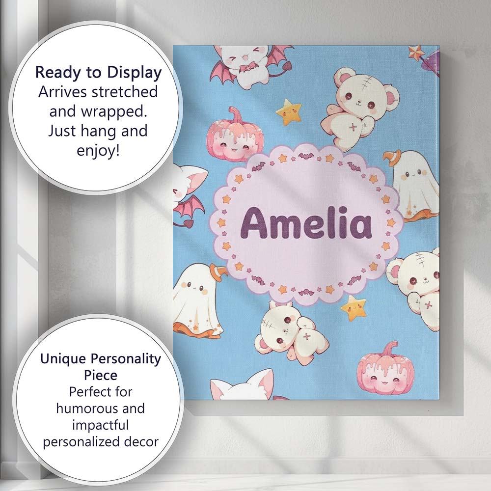 Personalised Name Kawaii Halloween Bunny Custom Unique Gift Idea Elegant Feature Canvas Wall Art Print Decor Picture Ready to Hang