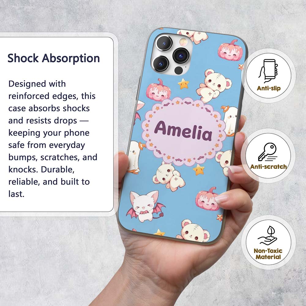 Kawaii Halloween Bunny Witch Ghost Printed Design Custom Name Protective Phone Case Mobile Cover Durable Everyday Smartphone Shock Resistant