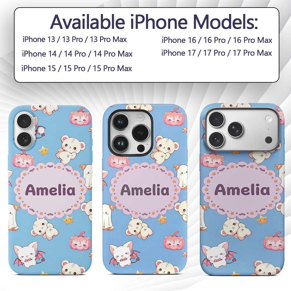 Kawaii Halloween Bunny Witch Ghost Printed Design Custom Name Protective Phone Case Mobile Cover Durable Everyday Smartphone Shock Resistant