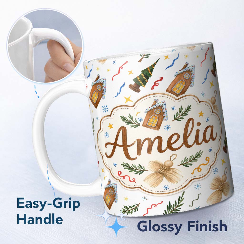 Personalized Custom Name Watercolor Rustic Christmas House Tree Angel Ornament Seamless 11oz Ceramic Coffee Tea Mug White Large Handle