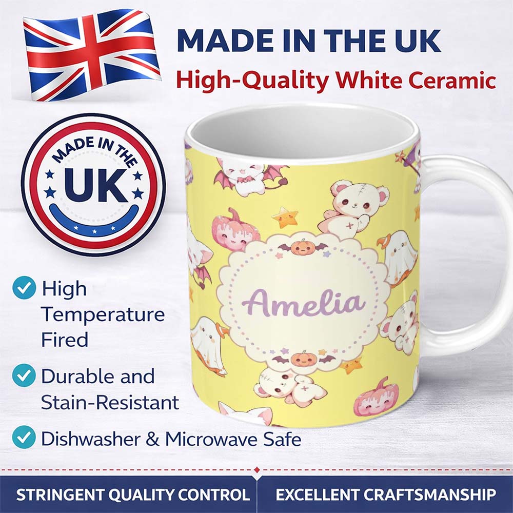 Personalized Custom Name Kawaii Halloween Bunny Witch Ghost Pumpkin Seamless Pattern Yellow 11oz Ceramic Coffee Tea Mug White Large Handle