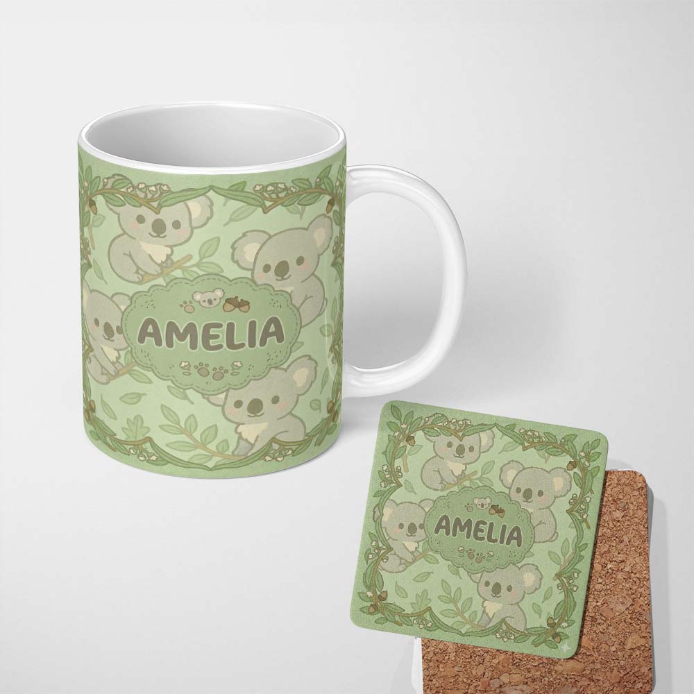 Personalized Custom Name Cute Koala Cartoon Animal Pattern Thoughtful Gift Idea Lovely 11oz Ceramic Coffee Tea Mug White Large Handle