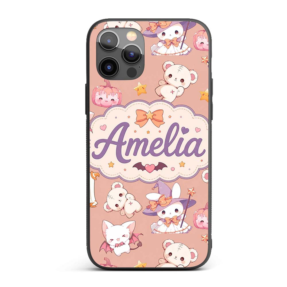 Cute Kawaii Halloween Bunny Witch Ghost Seamless Custom Name Protective Phone Case Mobile Cover Durable Everyday Smartphone Shock Resistant