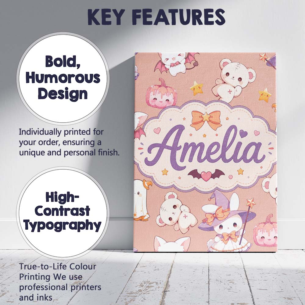 Personalised Name Cute Kawaii Halloween Custom Modern Room Accent Elegant Feature Canvas Wall Art Print Decor Picture Ready to Hang