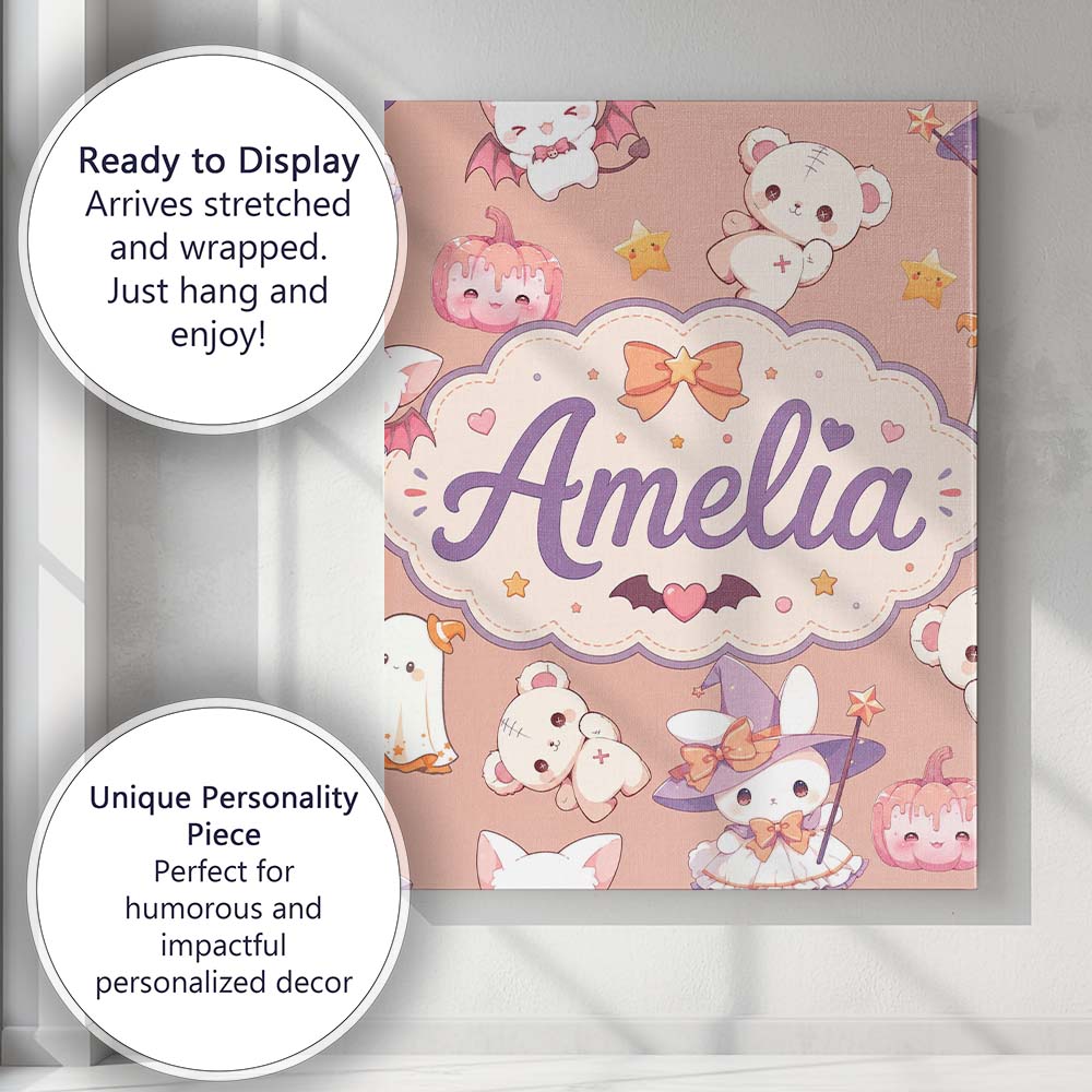 Personalised Name Cute Kawaii Halloween Custom Modern Room Accent Elegant Feature Canvas Wall Art Print Decor Picture Ready to Hang
