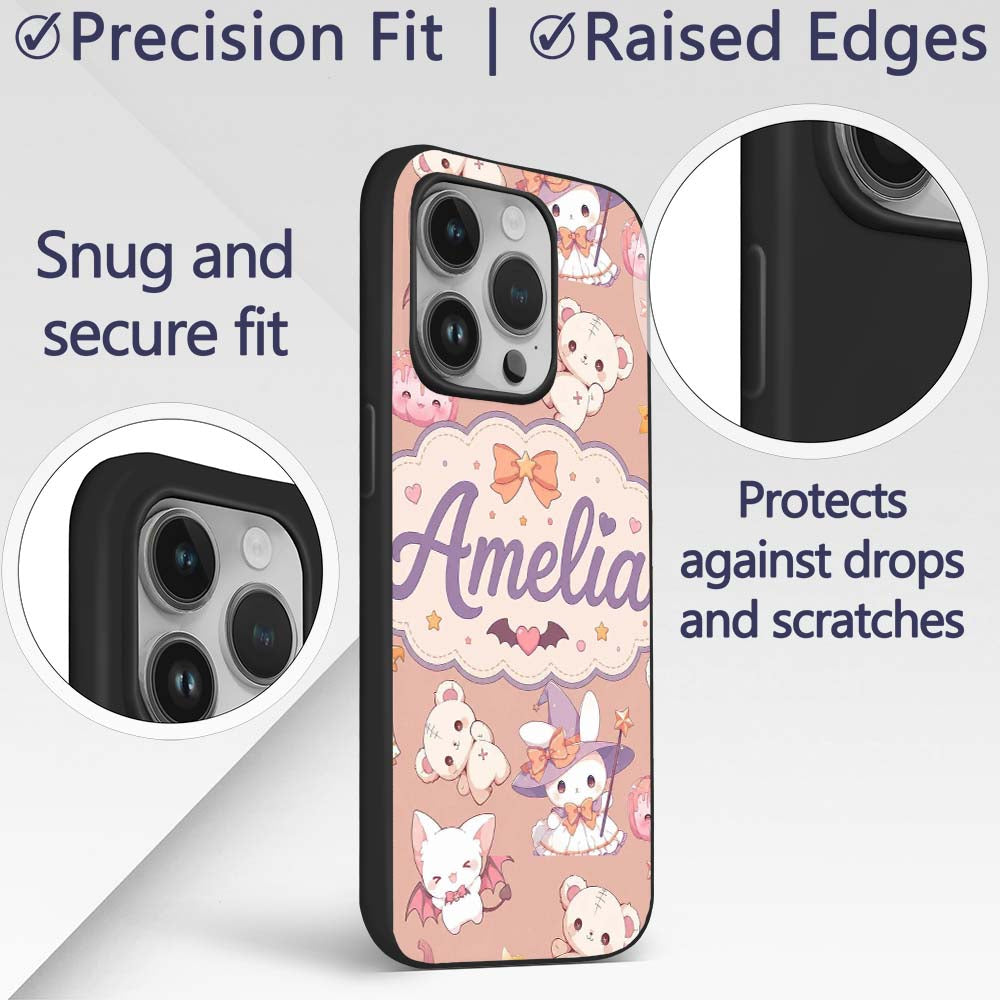 Cute Kawaii Halloween Bunny Witch Ghost Seamless Custom Name Protective Phone Case Mobile Cover Durable Everyday Smartphone Shock Resistant