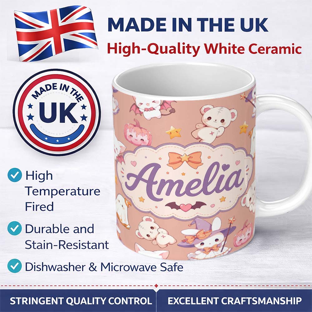 Personalized Custom Name Cute Kawaii Halloween Bunny Witch Ghost Seamless Pattern Warm Beige 11oz Ceramic Coffee Tea Mug White Large Handle