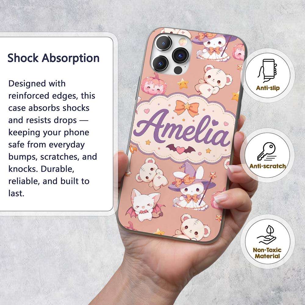 Cute Kawaii Halloween Bunny Witch Ghost Seamless Custom Name Protective Phone Case Mobile Cover Durable Everyday Smartphone Shock Resistant