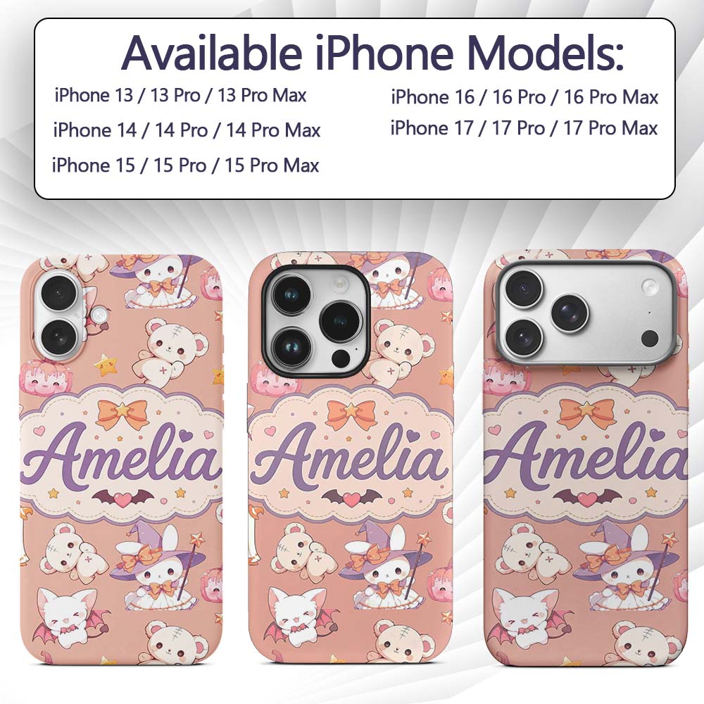 Cute Kawaii Halloween Bunny Witch Ghost Seamless Custom Name Protective Phone Case Mobile Cover Durable Everyday Smartphone Shock Resistant