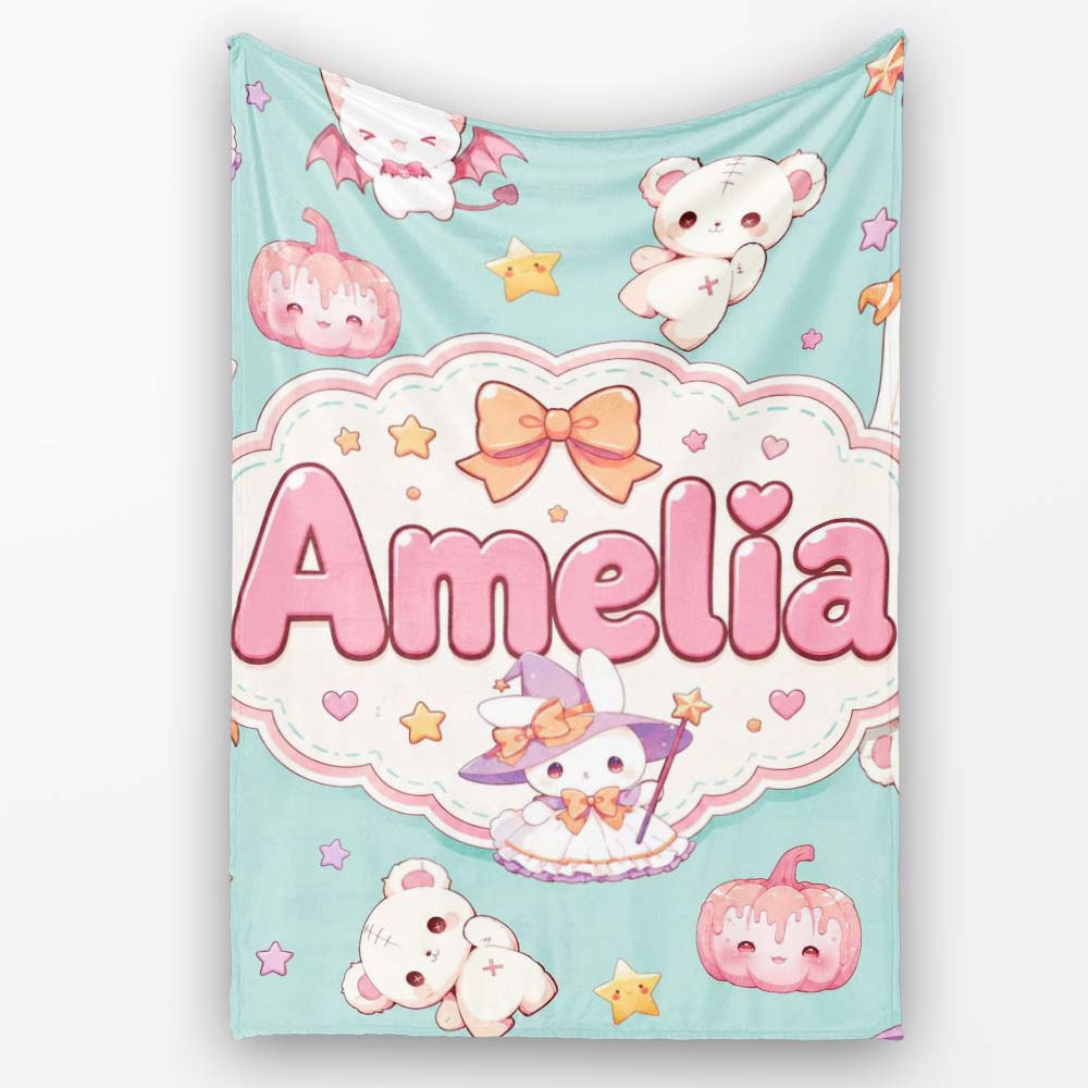 Kawaii Halloween Bunny Witch Ghost Pumpkin Seamless Pattern Teal Personalised Custom Name Super Soft Fleece Blanket Bed Sofa Throw