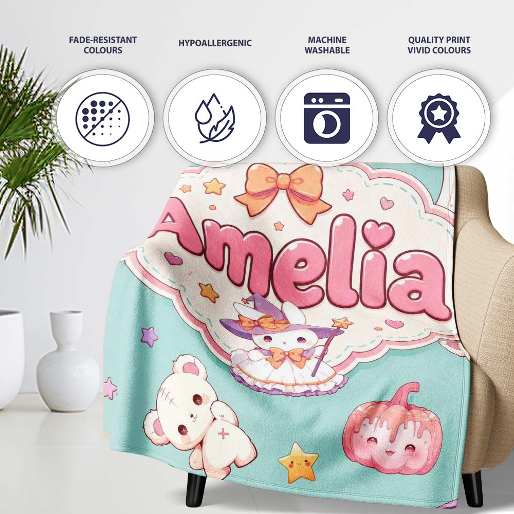 Kawaii Halloween Bunny Witch Ghost Pumpkin Seamless Pattern Teal Personalised Custom Name Super Soft Fleece Blanket Bed Sofa Throw