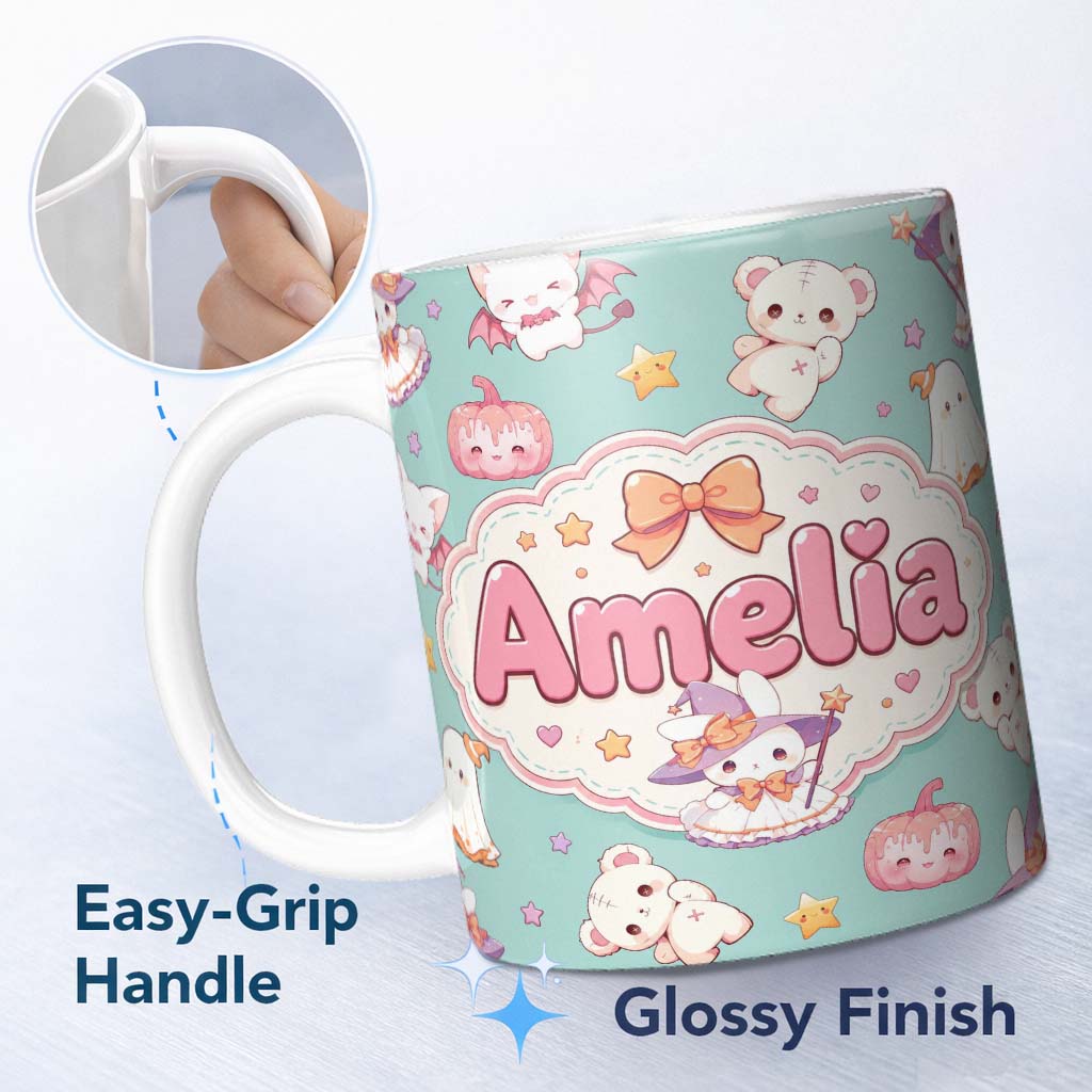 Personalized Custom Name Kawaii Halloween Bunny Witch Ghost Pumpkin Seamless Pattern Teal 11oz Ceramic Coffee Tea Mug White Large Handle