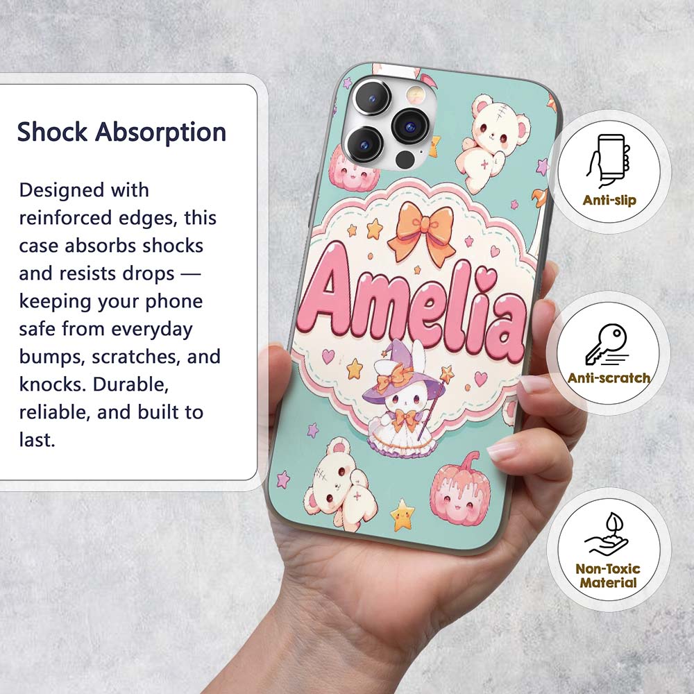 Kawaii Halloween Bunny Witch Ghost Printed Design Custom Name Protective Phone Case Mobile Cover Durable Everyday Smartphone Shock Resistant