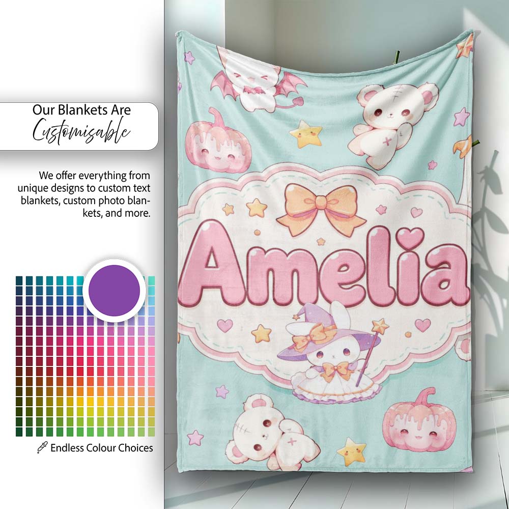 Kawaii Halloween Bunny Witch Ghost Pumpkin Seamless Pattern Teal Personalised Custom Name Super Soft Fleece Blanket Bed Sofa Throw