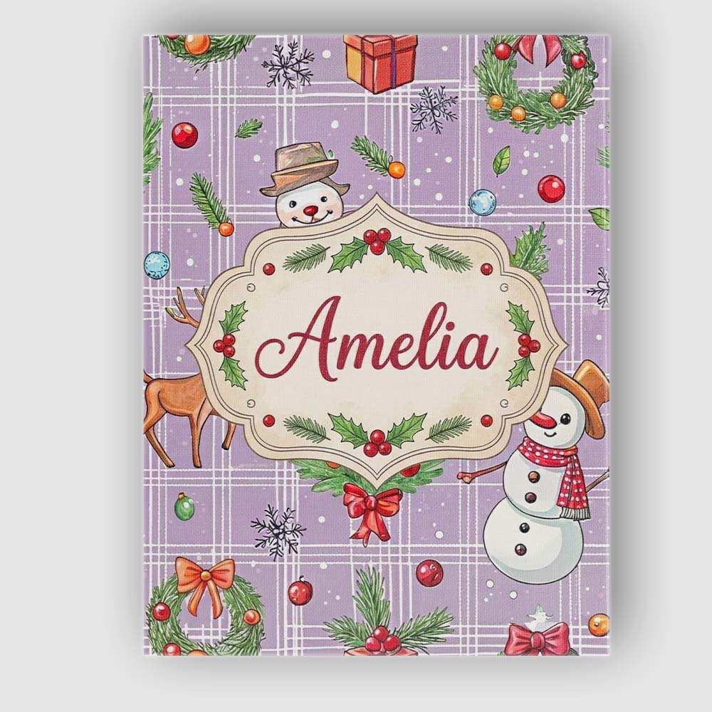 Personalised Name Christmas Plaid Snowman Reindeer Festive Seamless Custom Canvas Wall Art Print Decor Picture Ready to Hang