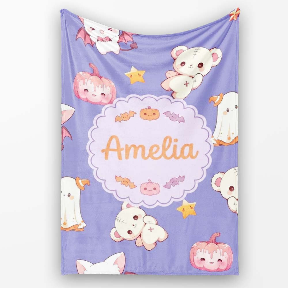 Cute Halloween Bunny Witch Ghost Pumpkin Seamless Pattern Purple Personalised Custom Name Super Soft Fleece Blanket Bed Sofa Throw