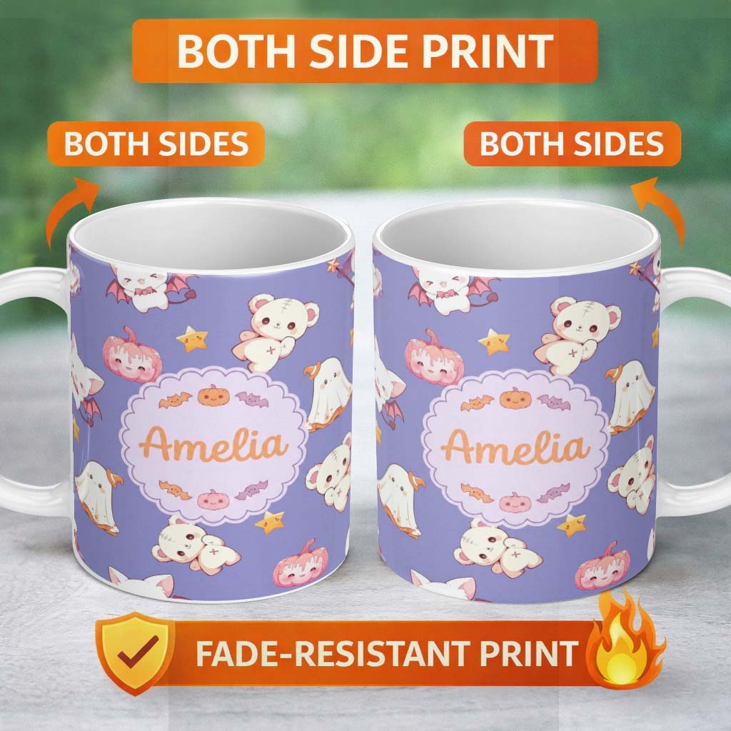 Personalized Custom Name Cute Halloween Bunny Witch Ghost Pumpkin Seamless Pattern Purple 11oz Ceramic Coffee Tea Mug White Large Handle