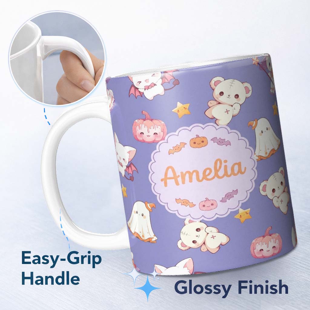 Personalized Custom Name Cute Halloween Bunny Witch Ghost Pumpkin Seamless Pattern Purple 11oz Ceramic Coffee Tea Mug White Large Handle