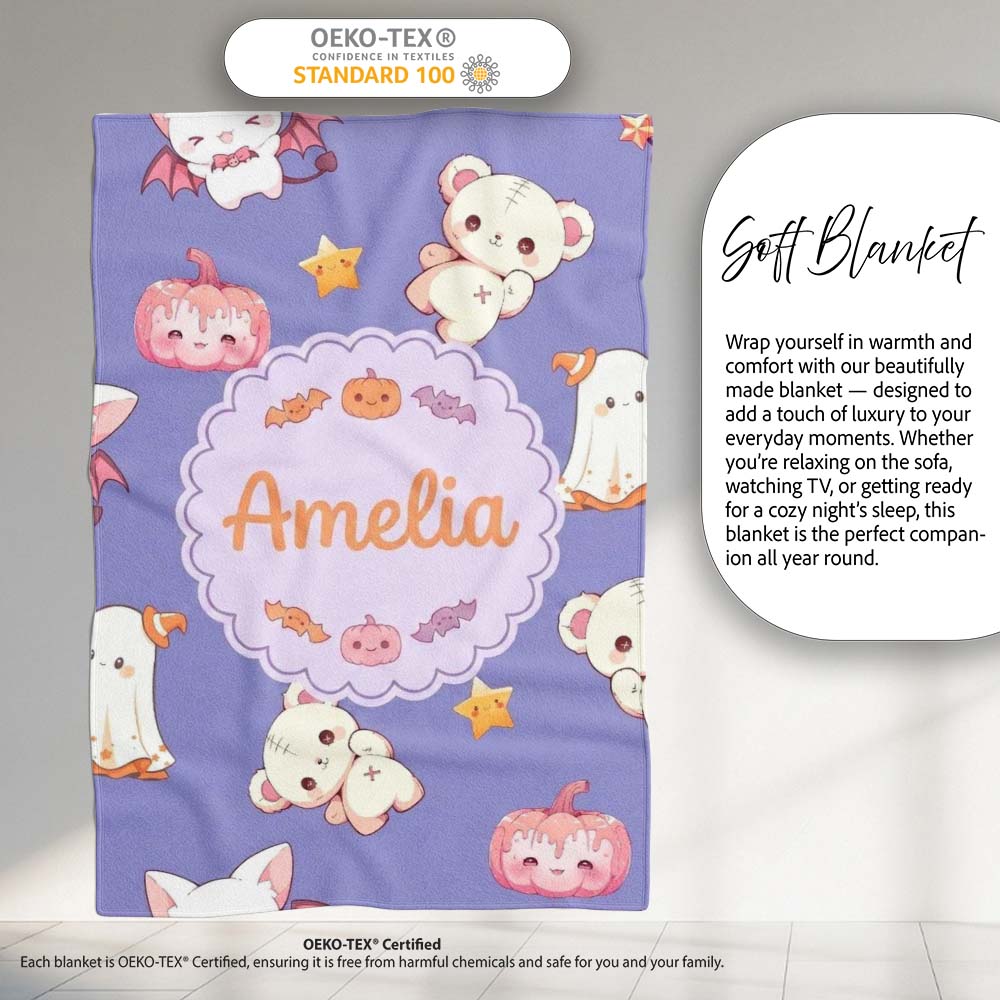 Cute Halloween Bunny Witch Ghost Pumpkin Seamless Pattern Purple Personalised Custom Name Super Soft Fleece Blanket Bed Sofa Throw