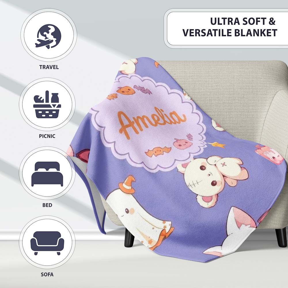 Cute Halloween Bunny Witch Ghost Pumpkin Seamless Pattern Purple Personalised Custom Name Super Soft Fleece Blanket Bed Sofa Throw