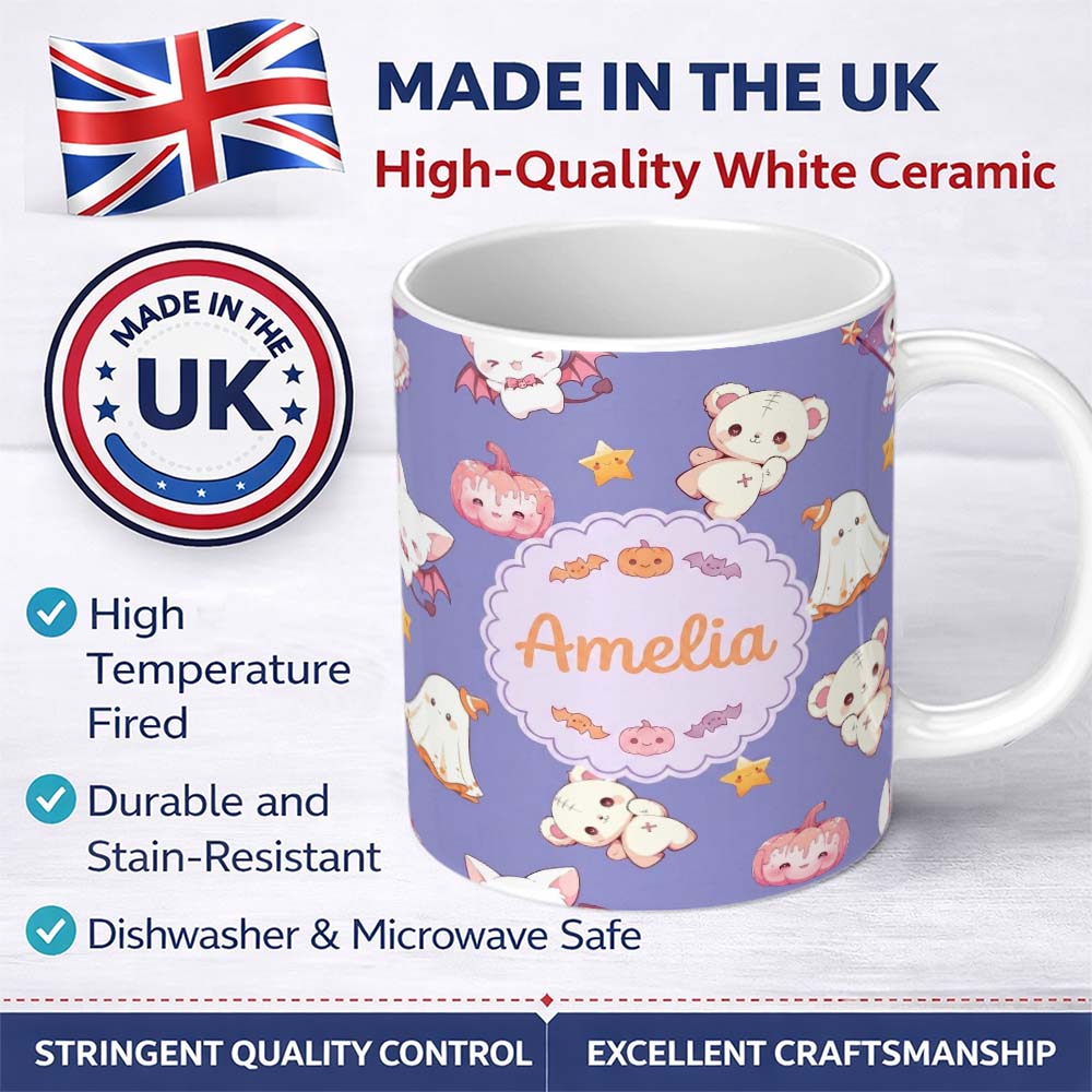 Personalized Custom Name Cute Halloween Bunny Witch Ghost Pumpkin Seamless Pattern Purple 11oz Ceramic Coffee Tea Mug White Large Handle