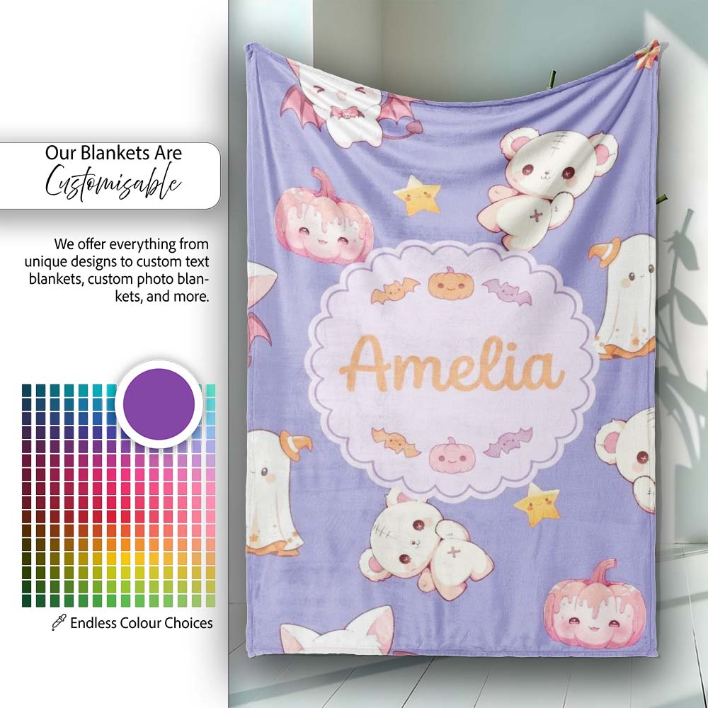 Cute Halloween Bunny Witch Ghost Pumpkin Seamless Pattern Purple Personalised Custom Name Super Soft Fleece Blanket Bed Sofa Throw