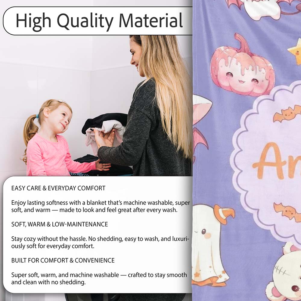 Cute Halloween Bunny Witch Ghost Pumpkin Seamless Pattern Purple Personalised Custom Name Super Soft Fleece Blanket Bed Sofa Throw