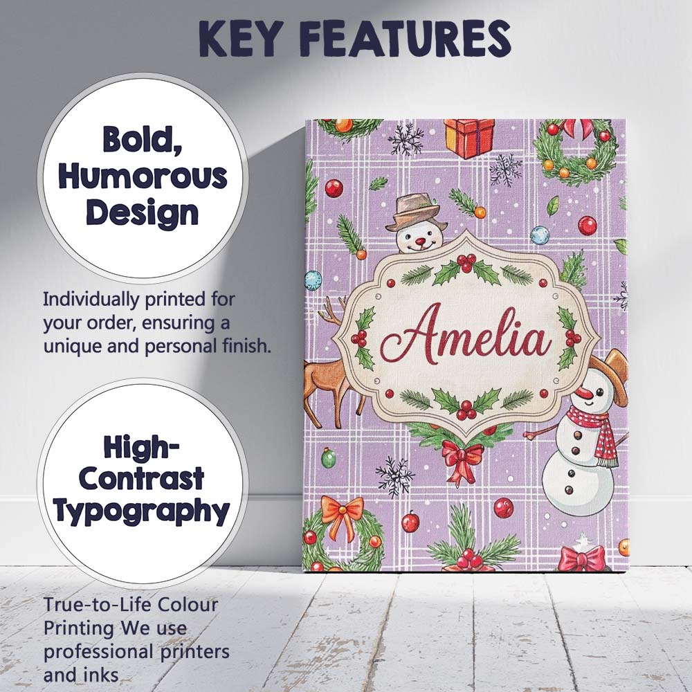 Personalised Name Christmas Plaid Snowman Reindeer Festive Seamless Custom Canvas Wall Art Print Decor Picture Ready to Hang