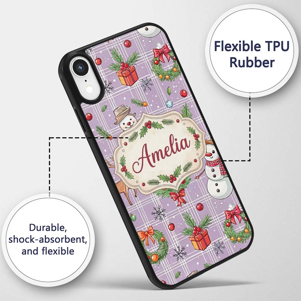 Christmas Plaid Snowman Reindeer Festive Seamless Custom Name Protective Phone Case Mobile Cover Durable Everyday Smartphone Shock Resistant