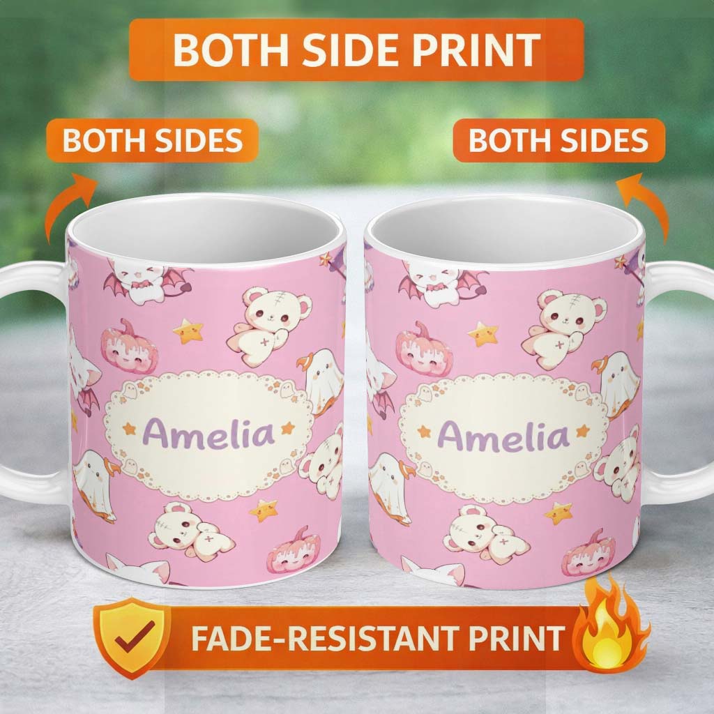 Personalized Custom Name Cute Halloween Bunny Witch Ghost Pumpkin Seamless Pattern Soft Pink 11oz Ceramic Coffee Tea Mug White Large Handle