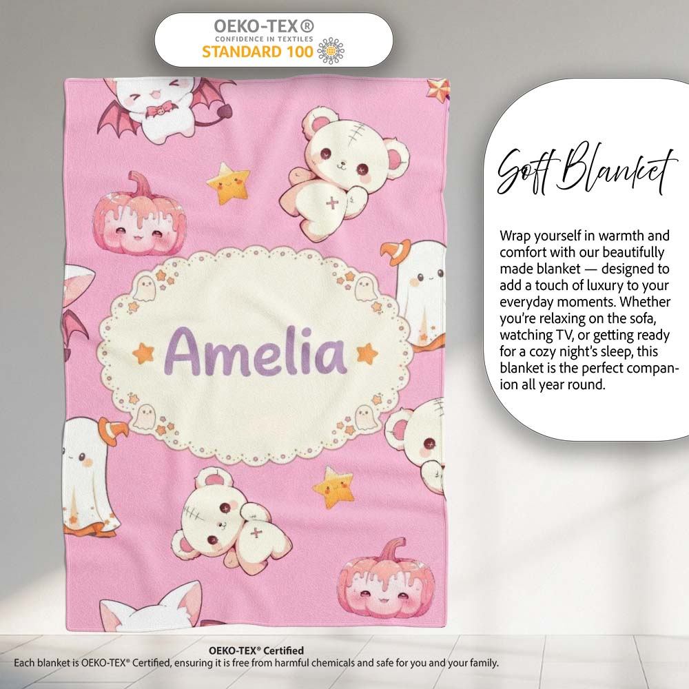 Cute Halloween Bunny Witch Ghost Pumpkin Seamless Pattern Soft Pink Personalised Custom Name Super Soft Fleece Blanket Bed Sofa Throw