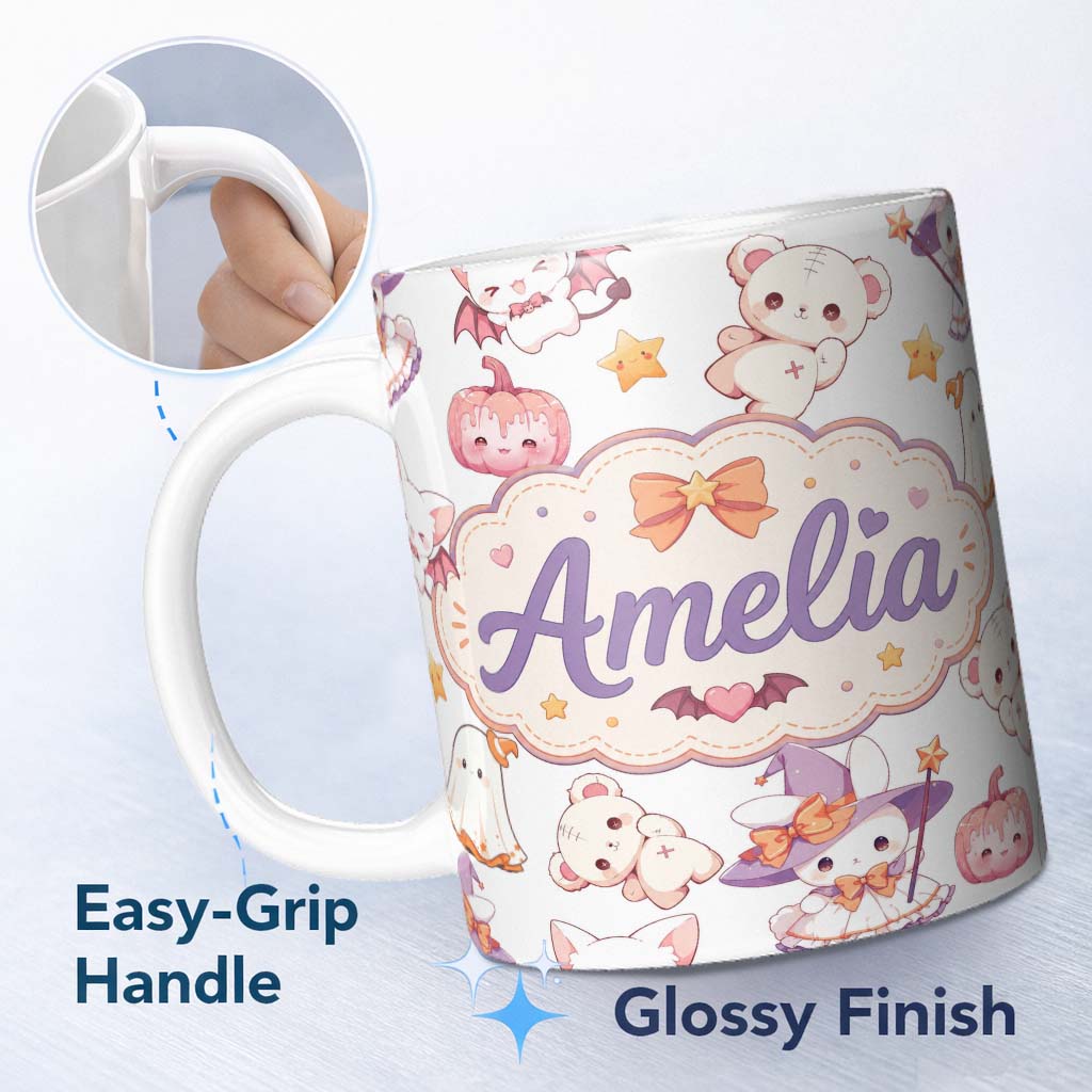 Personalized Custom Name Cute Halloween Bunny Witch Ghost Pumpkin Seamless Pattern Light 11oz Ceramic Coffee Tea Mug White Large Handle