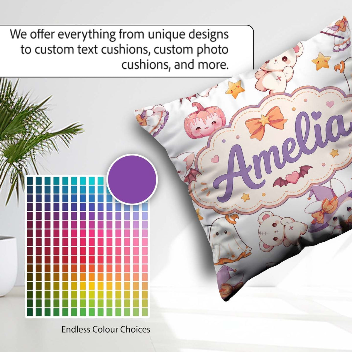 Custom Name Halloween Bunny Witch Ghost Pumpkin Seamless Pattern Square Filled Cushion Throw Pillow Sofa Bed Home Decor Zip Washable UK Made