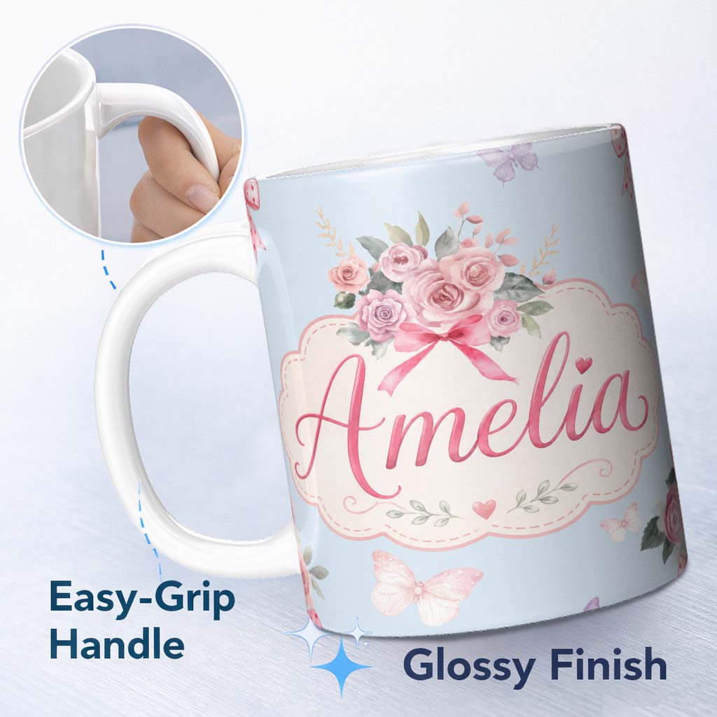Personalized Custom Name Cute Watercolor Floral Roses with Red Ribbon and Butterflies Blue 11oz Ceramic Coffee Tea Mug White Large Handle