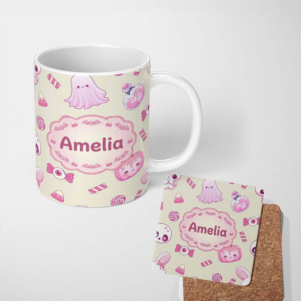 Personalized Custom Name Cute Pink Halloween Bunny Candy Ghost Pumpkin Seamless Pattern 11oz Ceramic Coffee Tea Mug White Large Handle