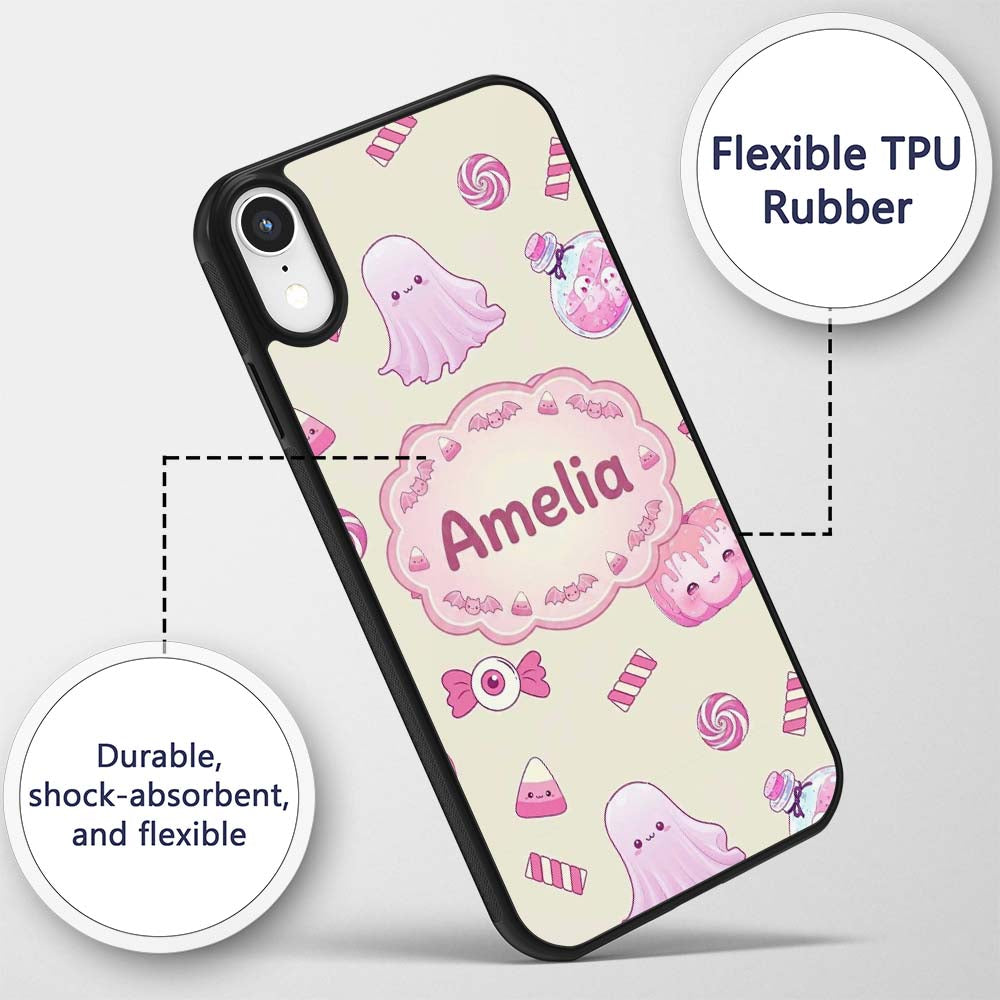 Cute Pink Halloween Bunny Candy Ghost Pumpkin Custom Name Protective Phone Case Mobile Cover Durable Everyday Smartphone Shock Resistant