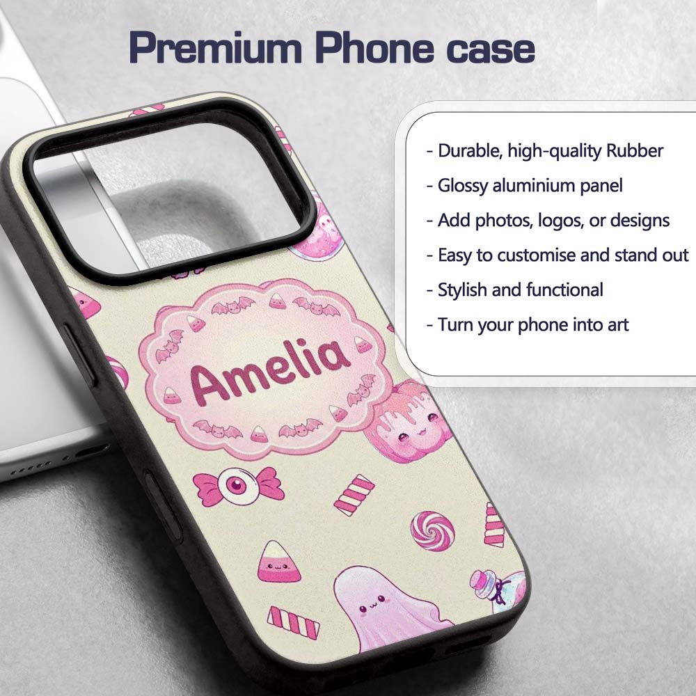 Cute Pink Halloween Bunny Candy Ghost Pumpkin Custom Name Protective Phone Case Mobile Cover Durable Everyday Smartphone Shock Resistant