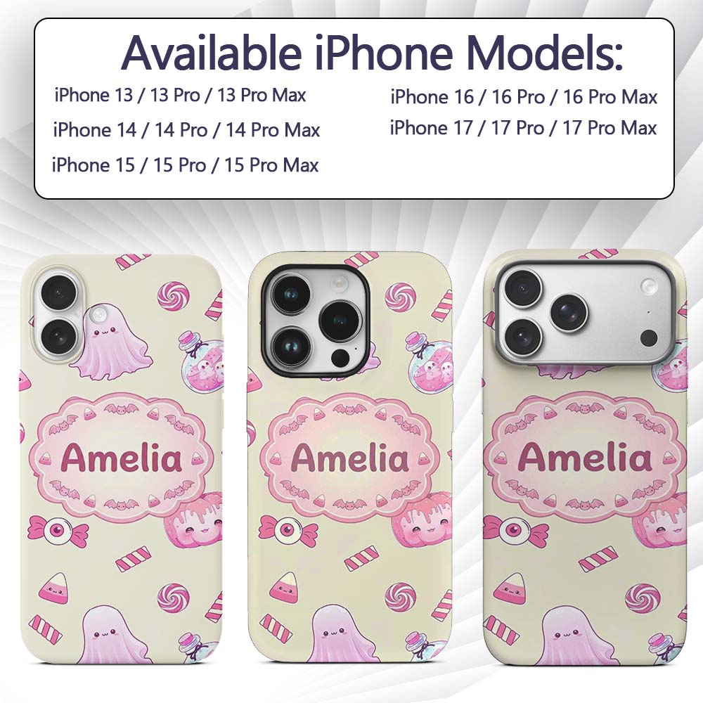 Cute Pink Halloween Bunny Candy Ghost Pumpkin Custom Name Protective Phone Case Mobile Cover Durable Everyday Smartphone Shock Resistant