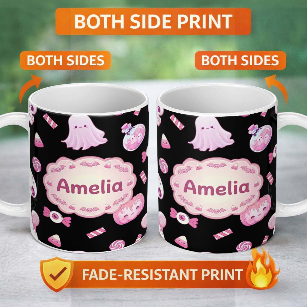 Personalized Custom Name Cute Halloween Bunny Ghost Candy Pumpkin Seamless Pattern Black 11oz Ceramic Coffee Tea Mug White Large Handle