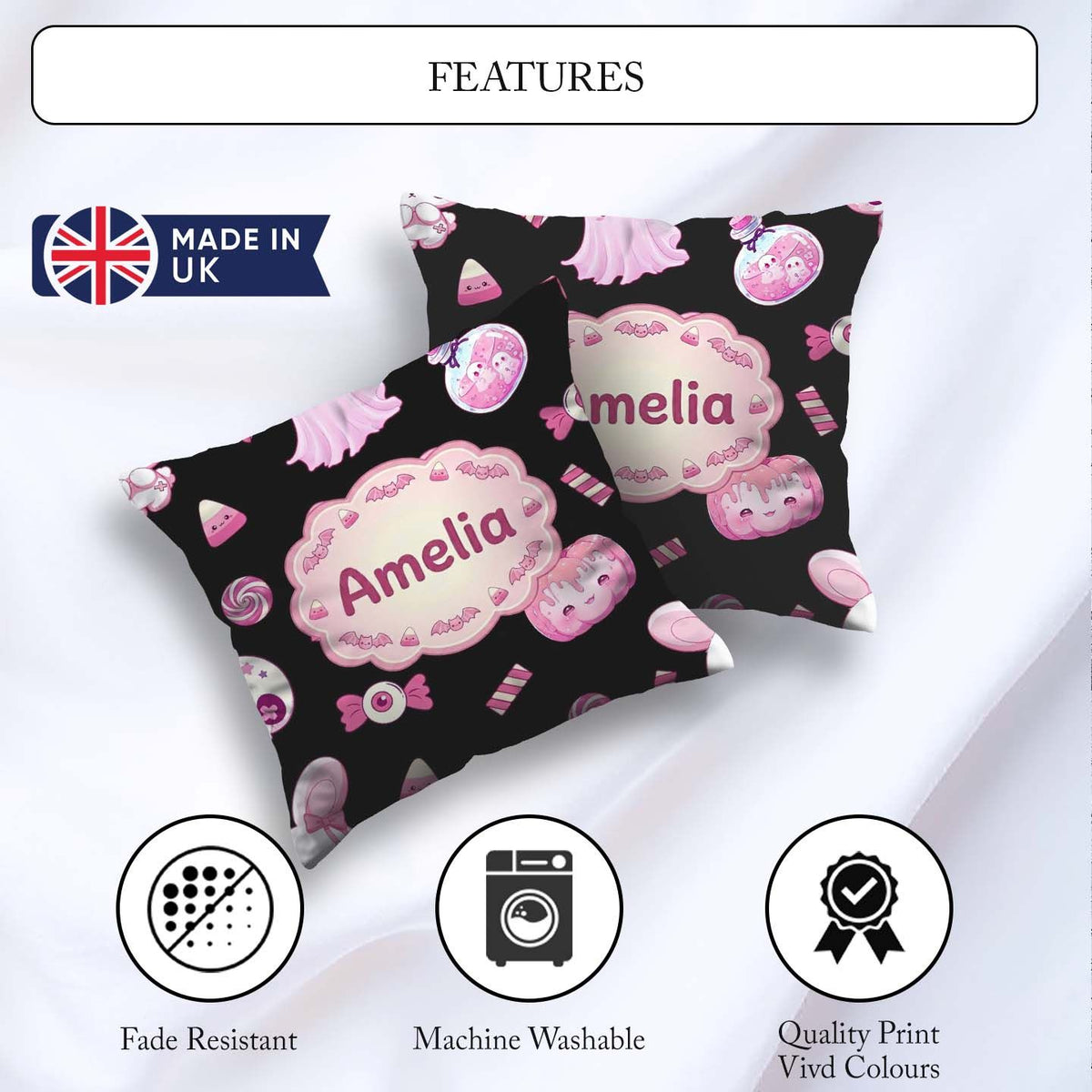 Custom Name Halloween Bunny Ghost Candy Pumpkin Seamless Pattern Square Filled Cushion Throw Pillow Sofa Bed Home Decor Zip Washable UK Made