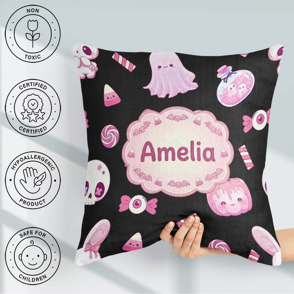 Custom Name Halloween Bunny Ghost Candy Pumpkin Seamless Pattern Square Filled Cushion Throw Pillow Sofa Bed Home Decor Zip Washable UK Made