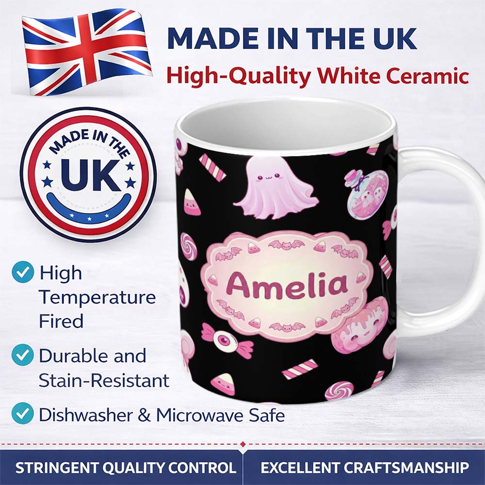 Personalized Custom Name Cute Halloween Bunny Ghost Candy Pumpkin Seamless Pattern Black 11oz Ceramic Coffee Tea Mug White Large Handle
