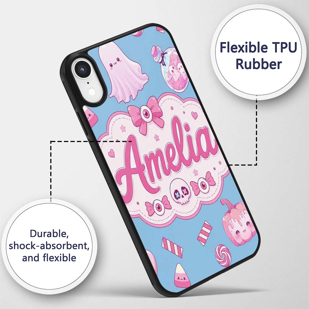 Cute Halloween Bunny Ghost Candy Pumpkin Seamless Custom Name Protective Phone Case Mobile Cover Durable Everyday Smartphone Shock Resistant