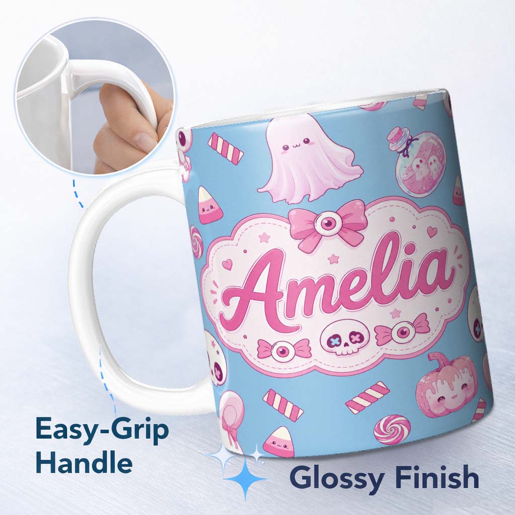 Personalized Custom Name Cute Halloween Bunny Ghost Candy Pumpkin Seamless Pattern Blue 11oz Ceramic Coffee Tea Mug White Large Handle