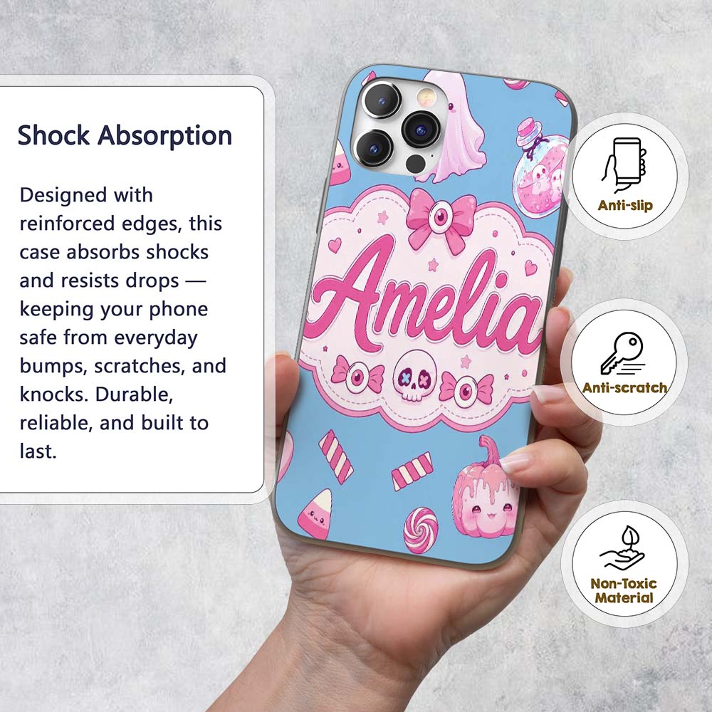 Cute Halloween Bunny Ghost Candy Pumpkin Seamless Custom Name Protective Phone Case Mobile Cover Durable Everyday Smartphone Shock Resistant
