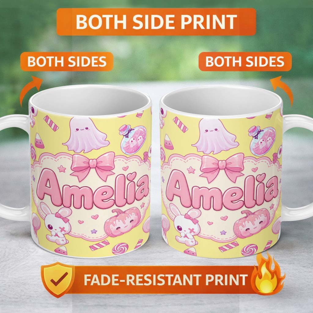 Personalized Custom Name Cute Halloween Bunny Ghost Candy Pumpkin Seamless Pattern Yellow 11oz Ceramic Coffee Tea Mug White Large Handle