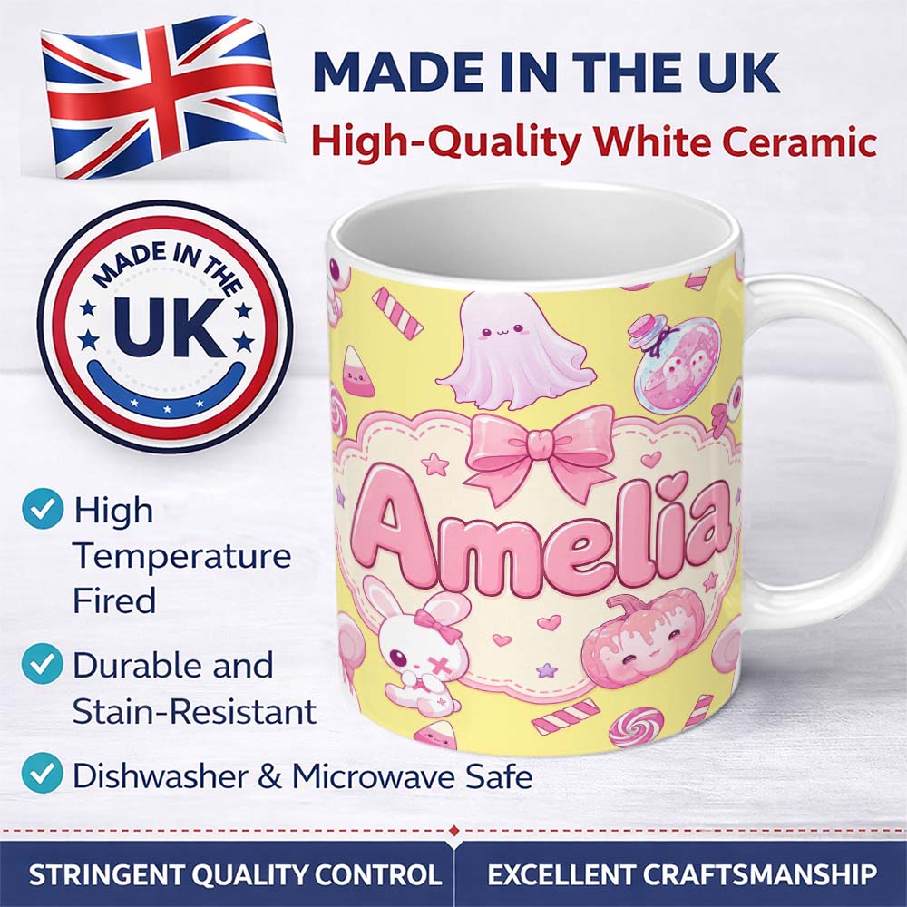 Personalized Custom Name Cute Halloween Bunny Ghost Candy Pumpkin Seamless Pattern Yellow 11oz Ceramic Coffee Tea Mug White Large Handle