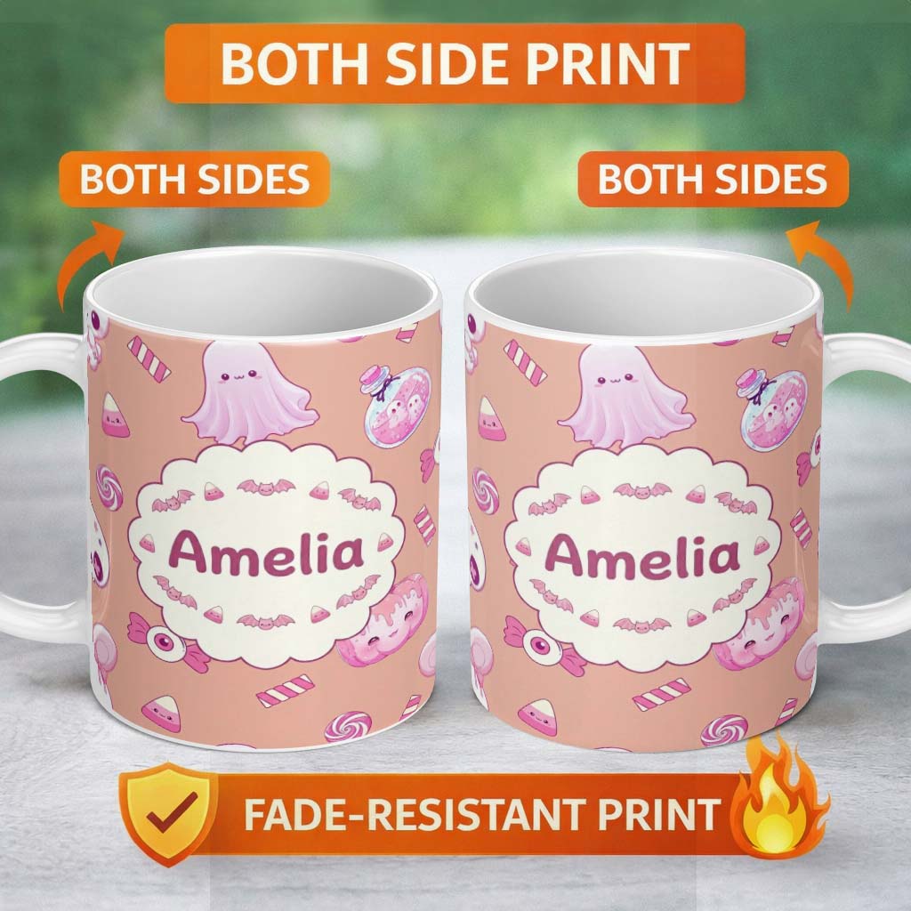 Personalized Custom Name Cute Halloween Bunny Ghost Candy Pumpkin Seamless Pattern Peach 11oz Ceramic Coffee Tea Mug White Large Handle