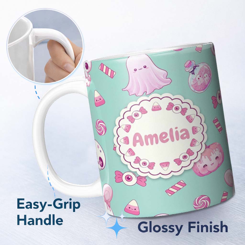 Personalized Custom Name Cute Halloween Bunny Ghost Candy Pumpkin Seamless Pattern Teal 11oz Ceramic Coffee Tea Mug White Large Handle